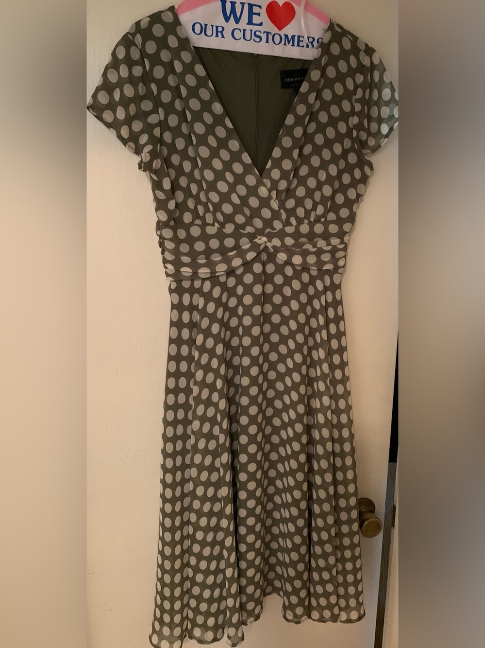 connected apparel Olive Taupe Polka Dot V-Neck Midi Dress